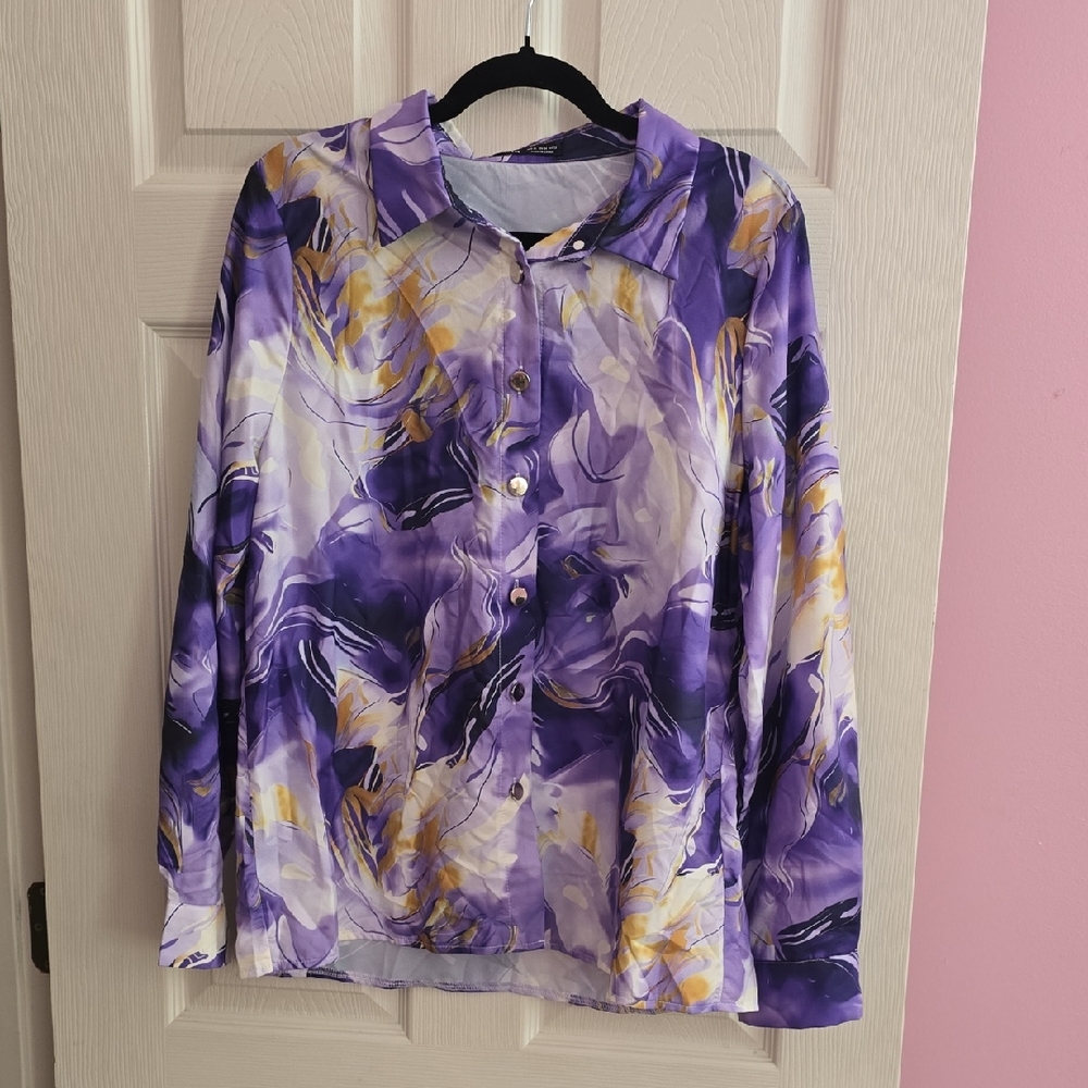 SHEIN Abstract Purple‎ and Yellow Button Down Shirt
